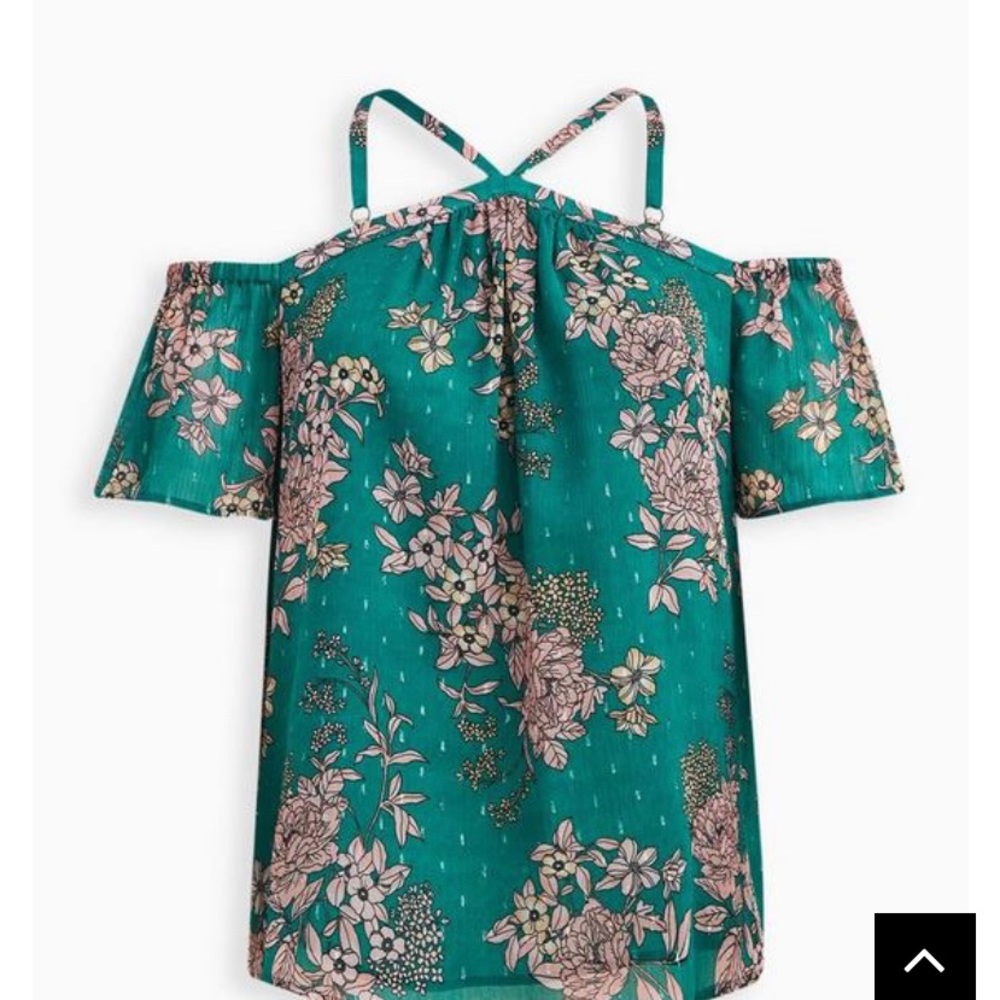 Torrid COLD SHOULDER HALTER TOP - CRINKLE CHIFFON FLORAL GREEN